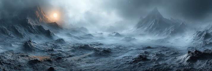 Obraz premium Misty Mountain Range at Sunset: A Digital Landscape