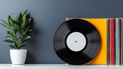 Obraz premium A vinyl record beside a stack of records and a potted plant on a shelf against a wall.