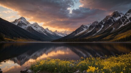 Snow-covered mountain peaks reflected in a peaceful lake, surrounded by blooming wildflowers under a colorful sunset sky. The vibrant landscape creates a serene and breathtaking natural retreat.