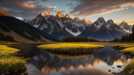 Majestic mountains reflect off tranquil waters under a vibrant sunrise sky, surrounded by wildflowers and creating a breathtaking natural scene filled with peace and beauty.