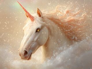 magical unicorn emerging from dreamy, sparkling mist