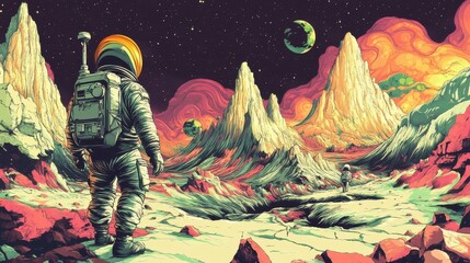 Astronaut Explores Vibrant Alien Landscape