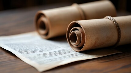 Ancient scrolls resting on a wooden table, showcasing historical documents.
