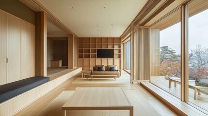 A Serene, Minimalist Japanese-Style Living Room Bathed In Natural Light, Featuring Light Wood And A View Of Autumn Foliage.