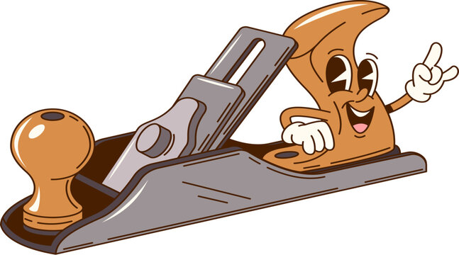 Cartoon groovy jointer plane character or work tool for repair and DIY construction, comic vector. Groovy jointer plane with funny face and funky fingers gesture for carpentry tool cartoon character