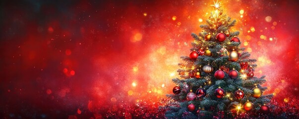 Naklejka premium Vibrant Christmas Tree with Colorful Ornaments and Blurred Red Bokeh Background