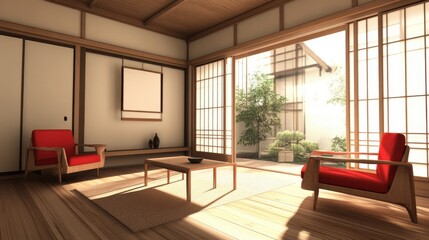A Serene Japanese-Style Room Bathed In Sunlight, Featuring Two Red Armchairs And A Low Wooden Table, Offers A Tranquil Atmosphere.