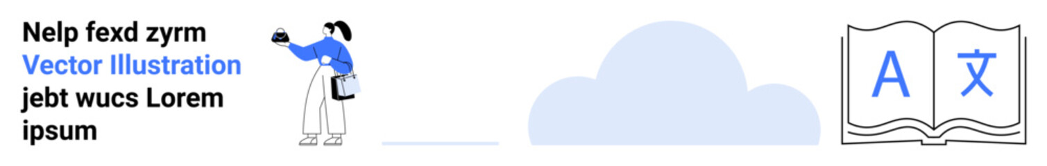 Woman using phone, cloud in middleground, and open book with language symbols. Ideal for education, translation, language learning, digital tools, communication, technology flat landing page banner