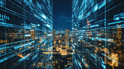 Futuristic Cityscape Illuminated By Digital Data Streams
