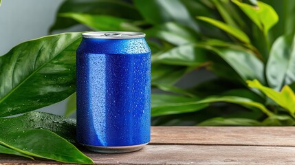 Fototapeta premium A blue beverage can sits on a wooden surface surrounded by green leaves.
