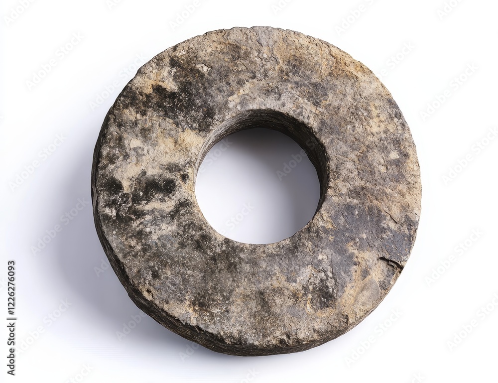 Wall mural Ancient stone disc with central hole, worn texture, isolated on white.