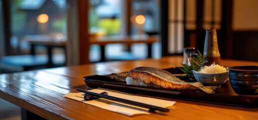 Grilled salmon sushi, Japanese restaurant, wooden table, blurred background.  Food photography