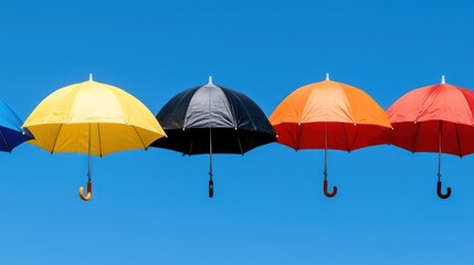 Obraz premium A row of colorful umbrellas against a clear blue sky, showcasing vibrant hues and playful design.