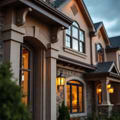 Luxury House Exterior at Dusk: Elegant Home Design and Architecture. Real Estate, Property, Residential, Facade, Grand Mansion, Evening Light