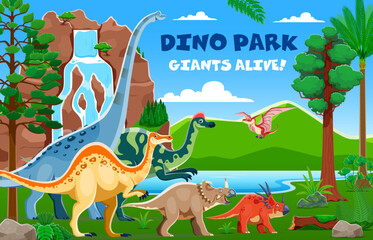 Dino park landscape with cartoon prehistoric dinosaur characters in forest with mountain waterfall. Dino park vector poster, cute titanosauria, styracosaurus, centrosaurus and pteranodon dinosaurs © Vector Tradition