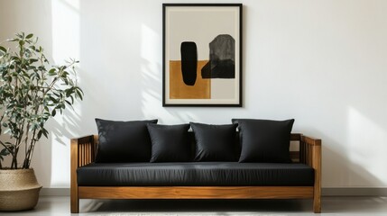 Minimalist Living Room With A Wooden Sofa, Black Cushions, And Abstract Art. Sunlight Streams Through The Window, Creating A Calming Atmosphere.