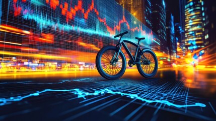 A bicycle stands against a backdrop of abstract data visualizations and city lights at night