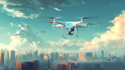 Obraz premium Drone flying over futuristic city, capturing aerial view.