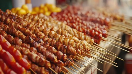 Grilled Meat Skewers and Vegetables Street Food Display