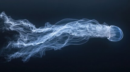 Abstract jellyfish-like form with flowing, translucent tendrils against a dark background.