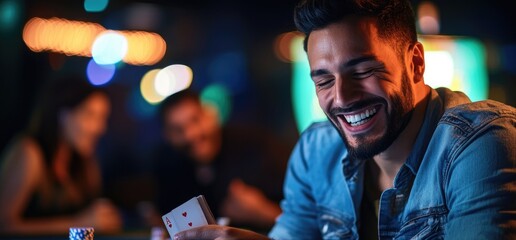 Obraz premium Happy man playing cards in casino, friends blurred background