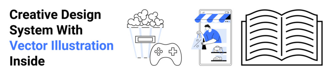 Popcorn bucket, game controller, storefront with shopping cart icon, and open book. Ideal for education, gaming, e-commerce, entertainment, creativity reading flat landing page banner