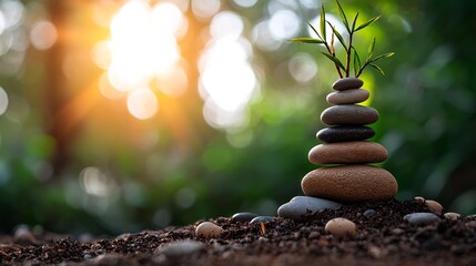 Obraz premium Zen Garden Serenity: A Balanced Stack of Stones with a Sprout