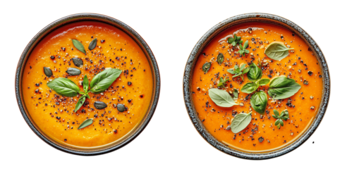 Creamy pumpkin soup with black pepper, basil, and pumpkin seeds, served in a rustic bowl, isolated on a white background for restaurant menus and fall food campaigns