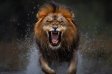 Naklejka premium Majestic male lion charging through water, teeth bared. Perfect for projects needing power, strength, or wild nature themes.