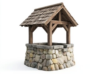 Rustic stone well with wooden roof isolated on white.