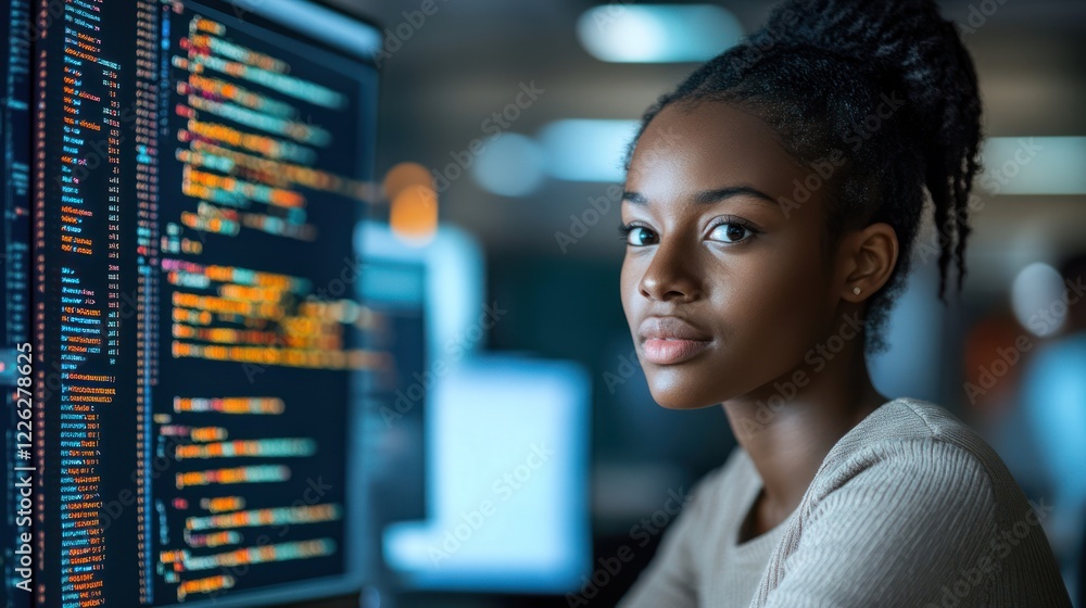 Poster confident female programmer looking at code on large monitor.