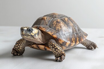 Naklejka premium Close-up of a beautiful tortoise with intricate shell patterns and vibrant colors against a neutral background, showcasing nature's artistry and wildlife charm
