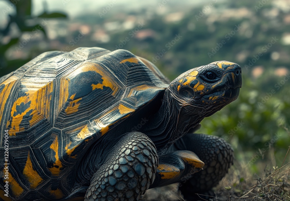 Poster close-up of a colorful tortoise with striking yellow and black shell in a natural green landscape un