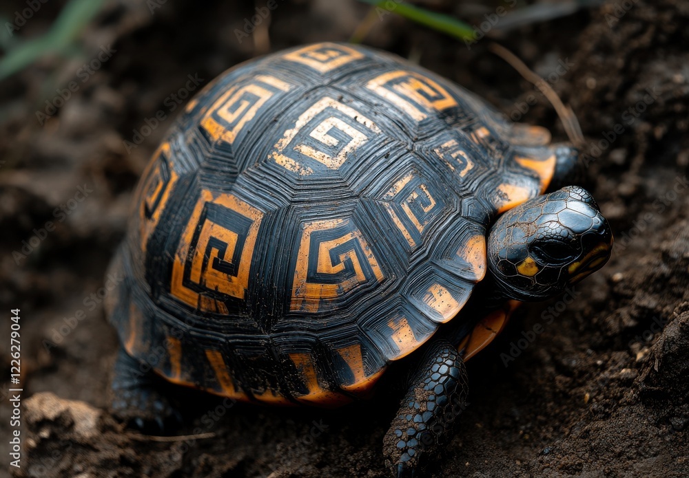 Poster close-up of a colorful tortoise with unique shell patterns on earthy ground surrounded by natural ha