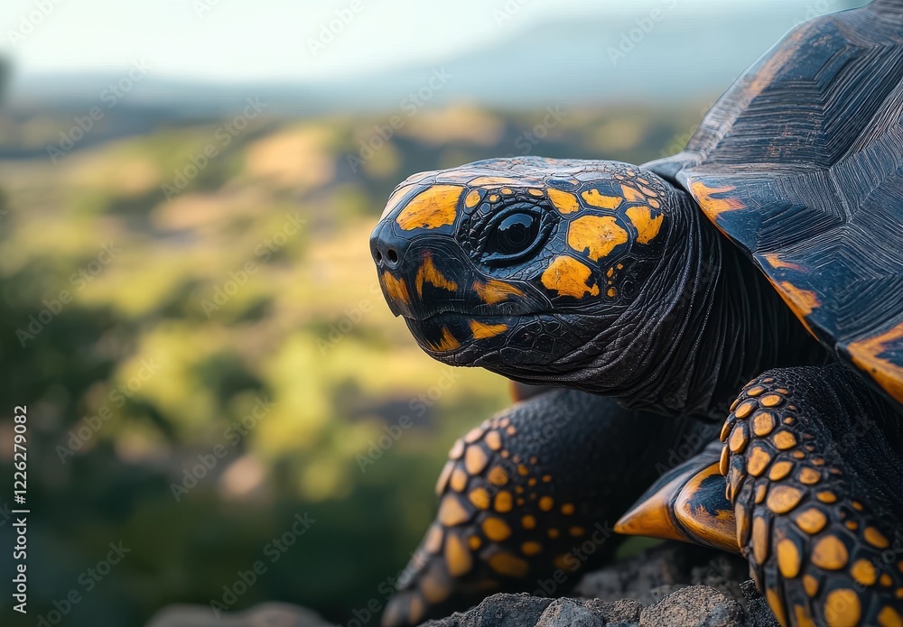 Poster close-up of a colorful turtle displaying vibrant shell patterns against a blurred natural background