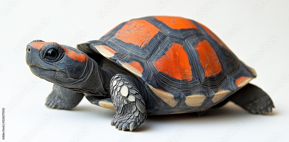 Poster close-up of a colorful turtle on a white background capturing the unique patterns and textures of it