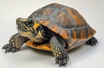 Obraz premium Close-Up of a Colorful Turtle on a White Background Displaying Its Unique Shell Patterns and Textures in Artful Detail