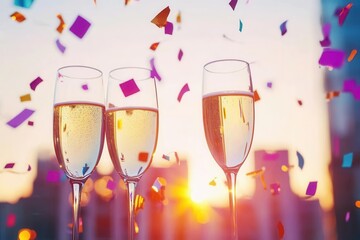 Celebration with champagne glasses city sunset festive event vibrant atmosphere wide angle joyful moments