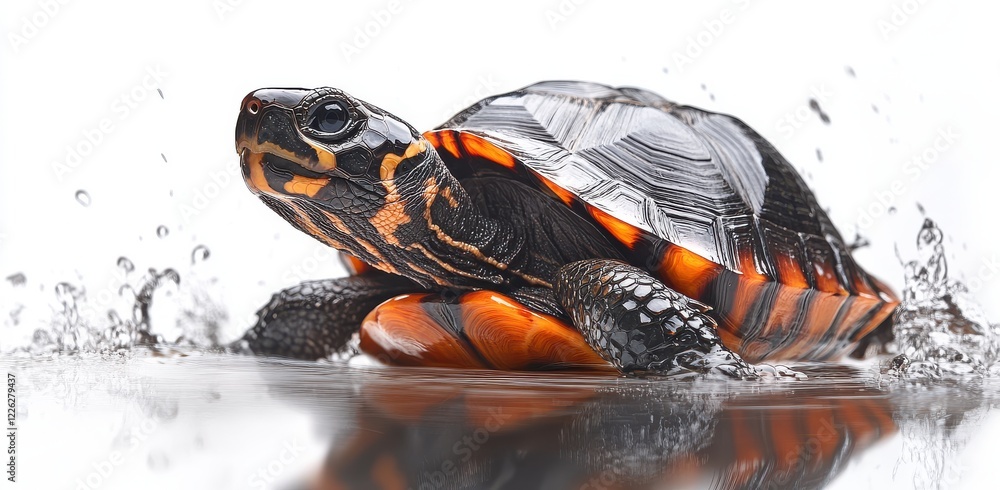 Poster Close-Up of a Colorful Turtle Swimming in Clear Water with Splashes Capturing the Intricate Patterns and Bright Colors of Its Shell
