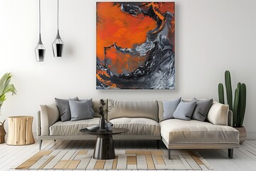 A large, vibrant abstract painting in orange and black dominates a modern living room setting. Fluid acrylics create swirling, dynamic forms. The artwork hangs above a beige sectional sofa.