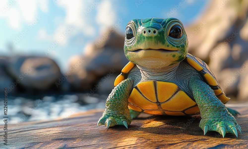 Poster close-up of a cute green turtle resting on a log by the water's edge with a natural landscape in the