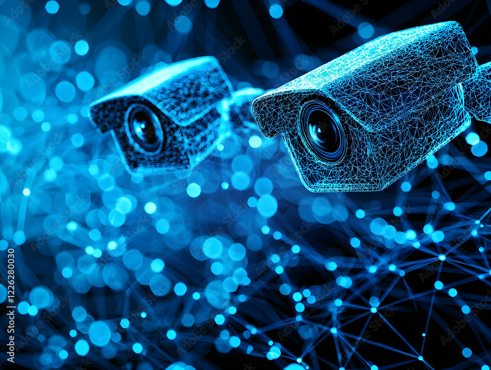 Poster digital security cameras network, data flow background