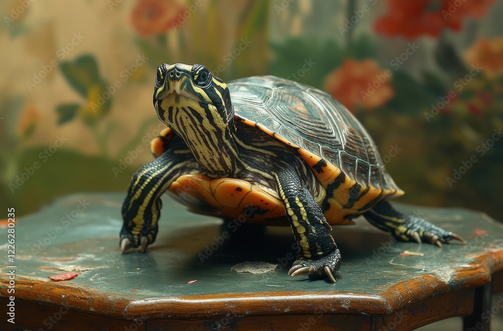 Poster close-up of a painted turtle on a vintage table with floral background, showcasing detailed shell pa