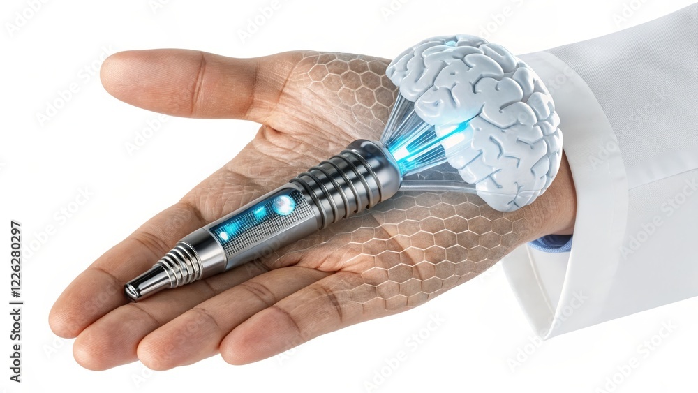 Poster futuristic brain technology concept in hand - a futuristic representation of a brain integrated into