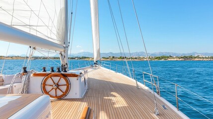 Fototapeta premium Wooden deck of a luxury sailing yacht cruising on the calm blue ocean under a clear sky during a sunny day.