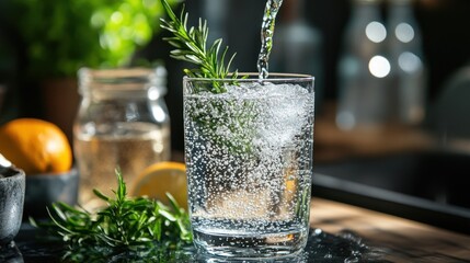 Sparkling water with rosemary in a glass.