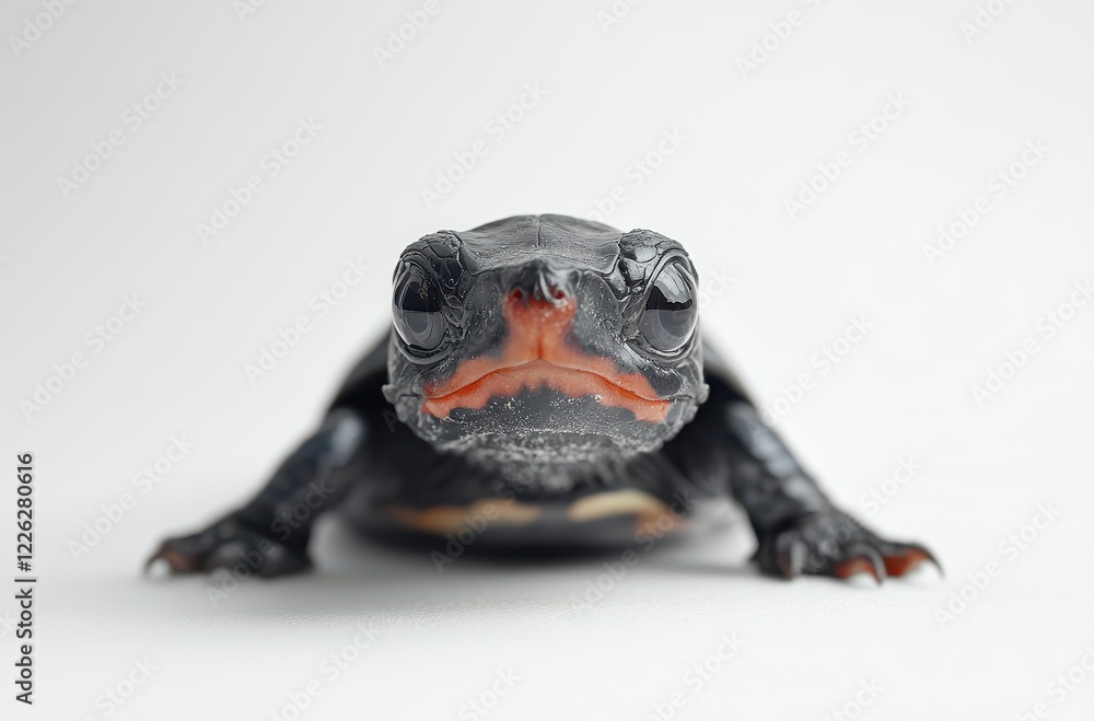 Poster close-up of an adorable freshwater turtle with unique shell patterns and bright orange markings agai