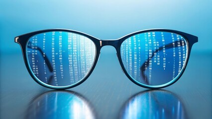 Data Reflected in Stylish Sunglasses - A close-up image of sunglasses reflecting digital data against a blue background, symbolizing technology and innovation.