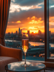 A glass of sparkling wine in the foreground adds elegance to a cozy lifestyle moment, with a stunning sunset visible through a picturesque window in the background and setting sun 