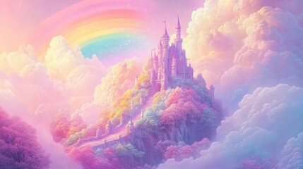 Pastel castle nestled on a cloud mountain, rainbow arc.